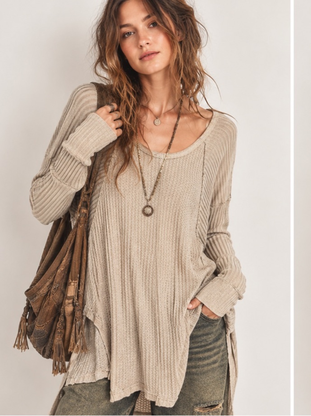 Free People Cream Lagenlook Boho Fairy Grunge Waffle Knit Long Sleeve Top SP